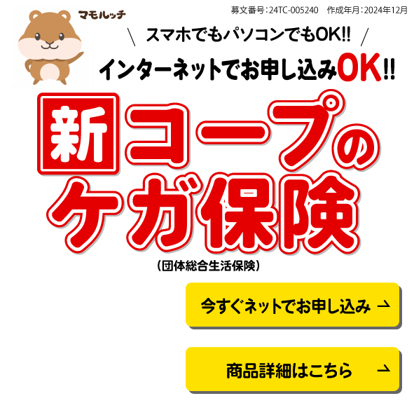 新コープのケガ保険（団体総合生活保険）インターネットお申し込みOK!!スマホでもパソコンでもOK!! 募文番号：24TC-005240 作成年月：2024年12月