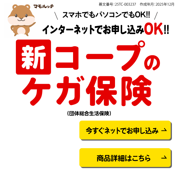 新コープのケガ保険（団体総合生活保険）インターネットお申し込みOK!!スマホでもパソコンでもOK!! 募文番号：25TC-003237 作成年月：2025年12月