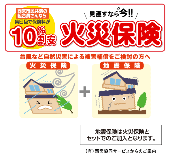 見直すなら今!!火災保険／組合員さんなら西宮市民共済の集団扱で保険料が10%割引